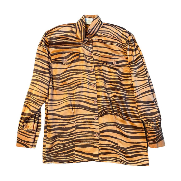 Vintage 1980s Escada Silk Tiger Stripe Button Down Shirt Blouse Size 34 - Picture 2 of 6